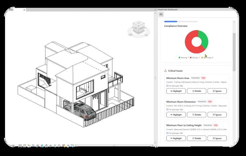 MeetCode plugin UI in Revit — compliance panel